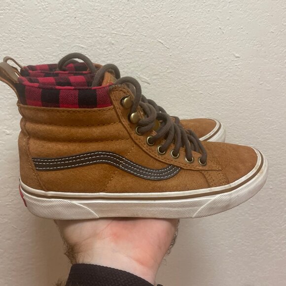 Vans Shoes - Vans Sk8-Hi MTE Men 5 Women 6.5 Scotchgard 3M Suede Glazed Brown Plaid Lined Red